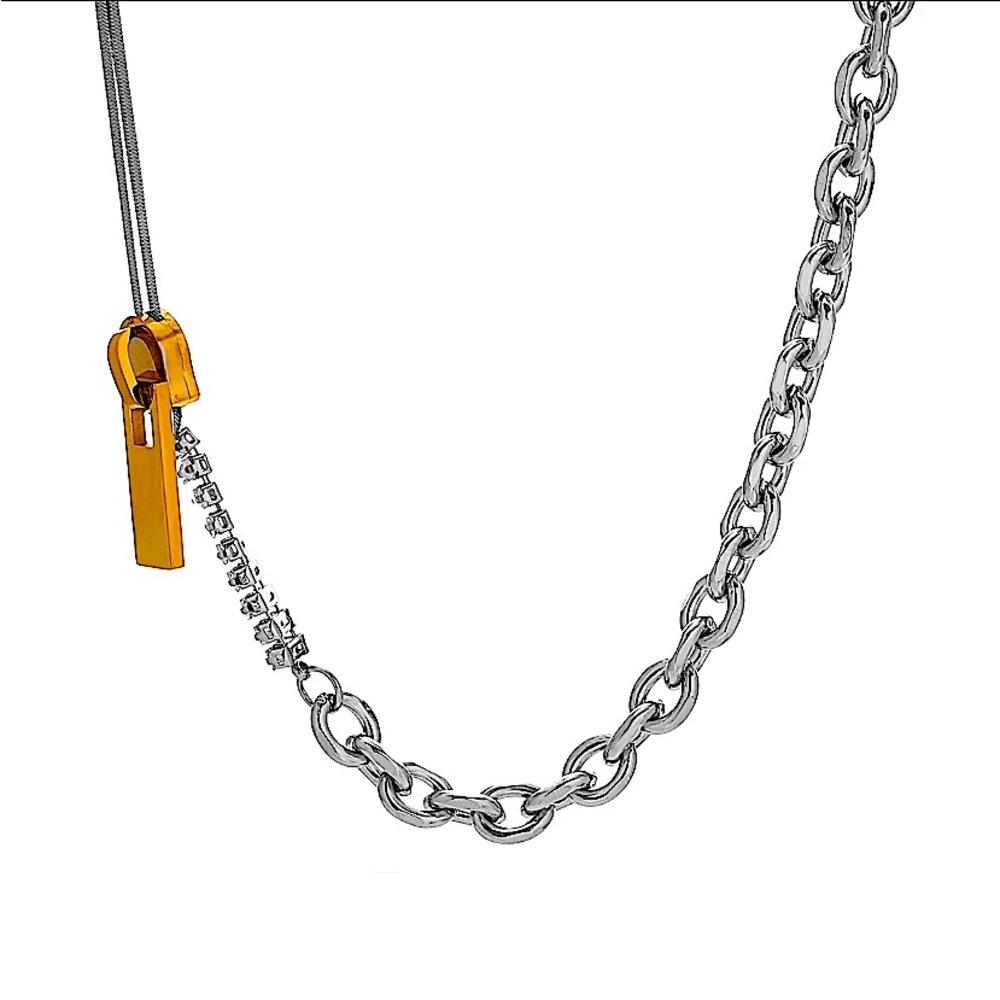 Sterling Silver Chain Link Zircon Zipper Herringbone Punk Choker Necklace - Picture 9 of 11